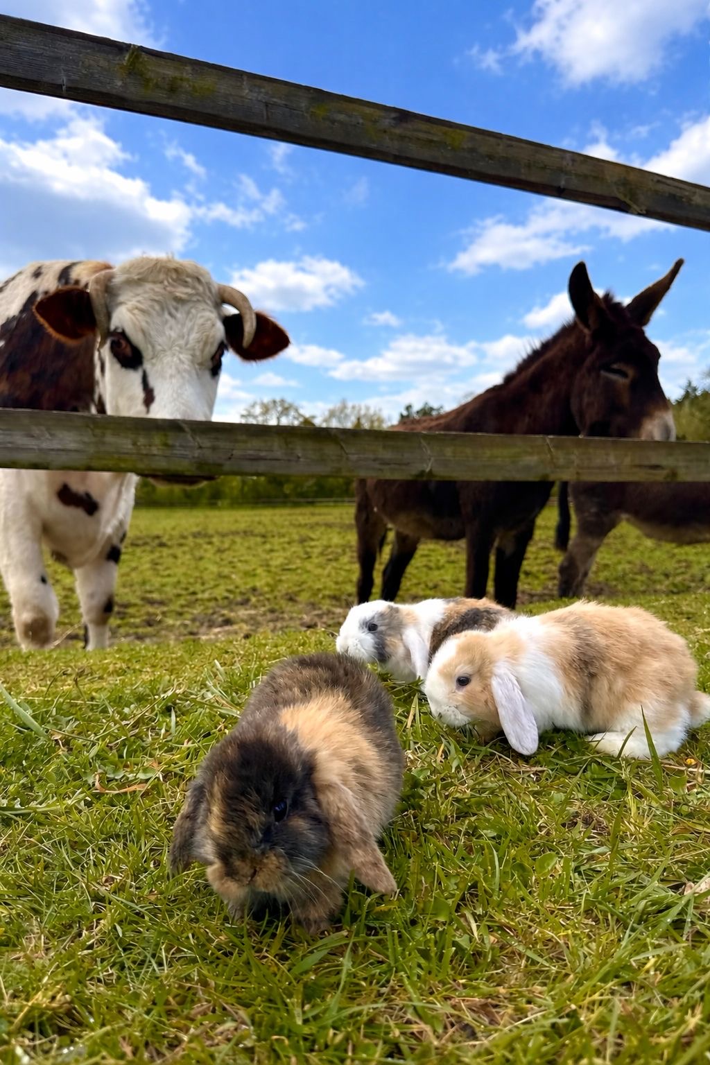 Lapins, vache et âne dans une ferme pédagogique